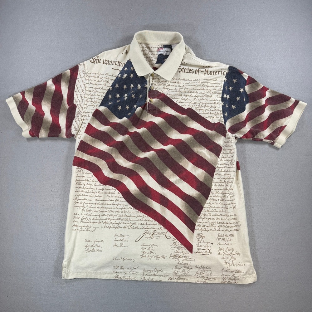 American Summer Polo Shirt Men XL Cream USA Flag AOP Declaration of Independence